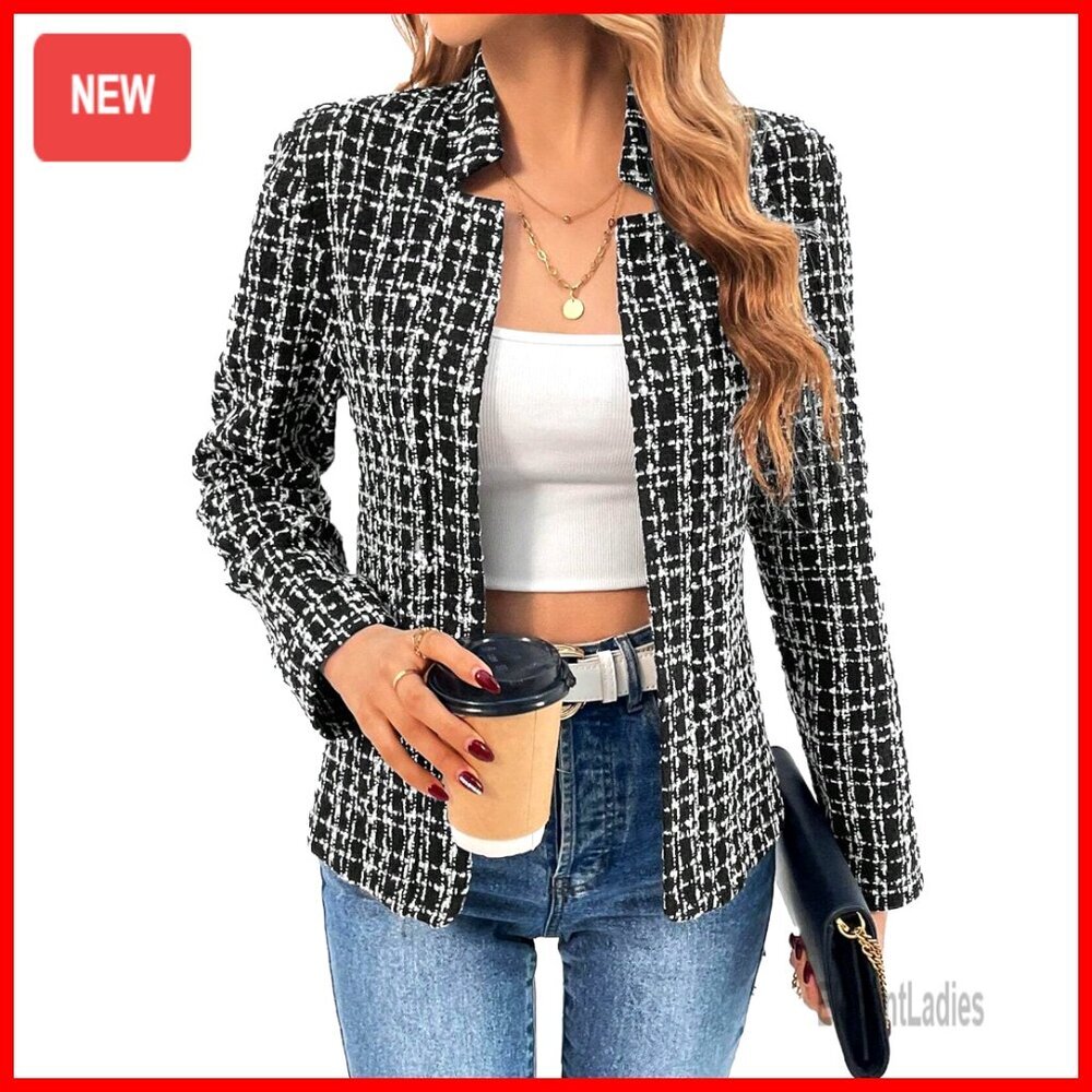 Tweed Plaid Blazer Jacket Fully Lined Open Front Casual Work Office Coat